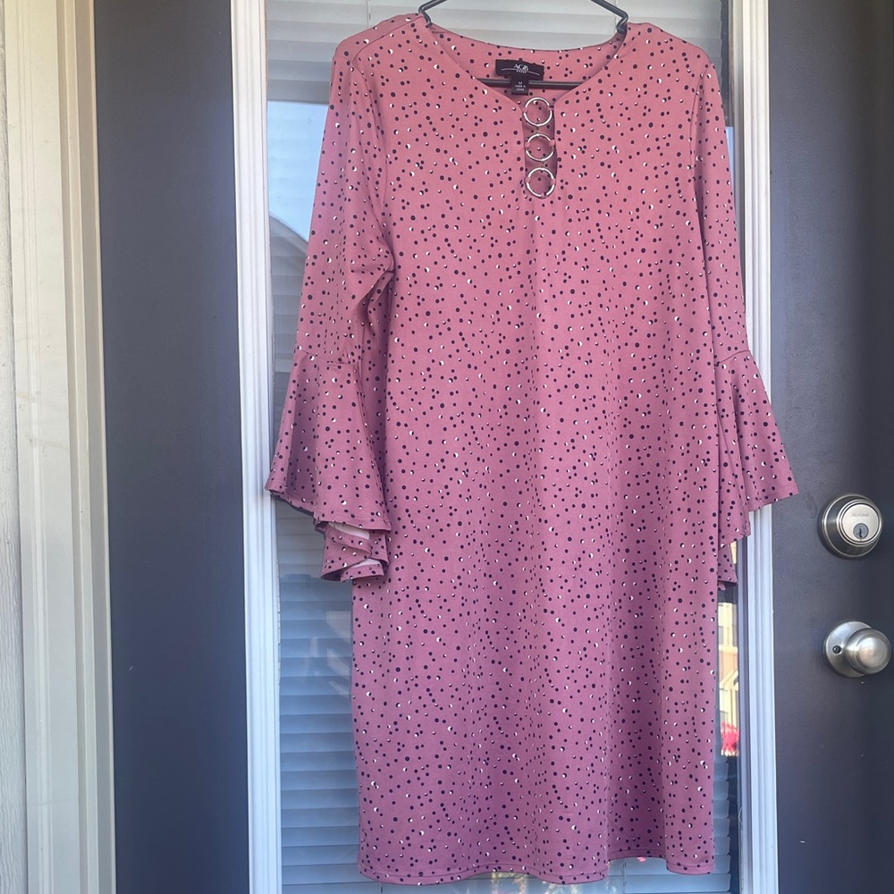 AGB Dress Dusty Pink Bell Sleeve Shift Dress with Navy Dot Print-M